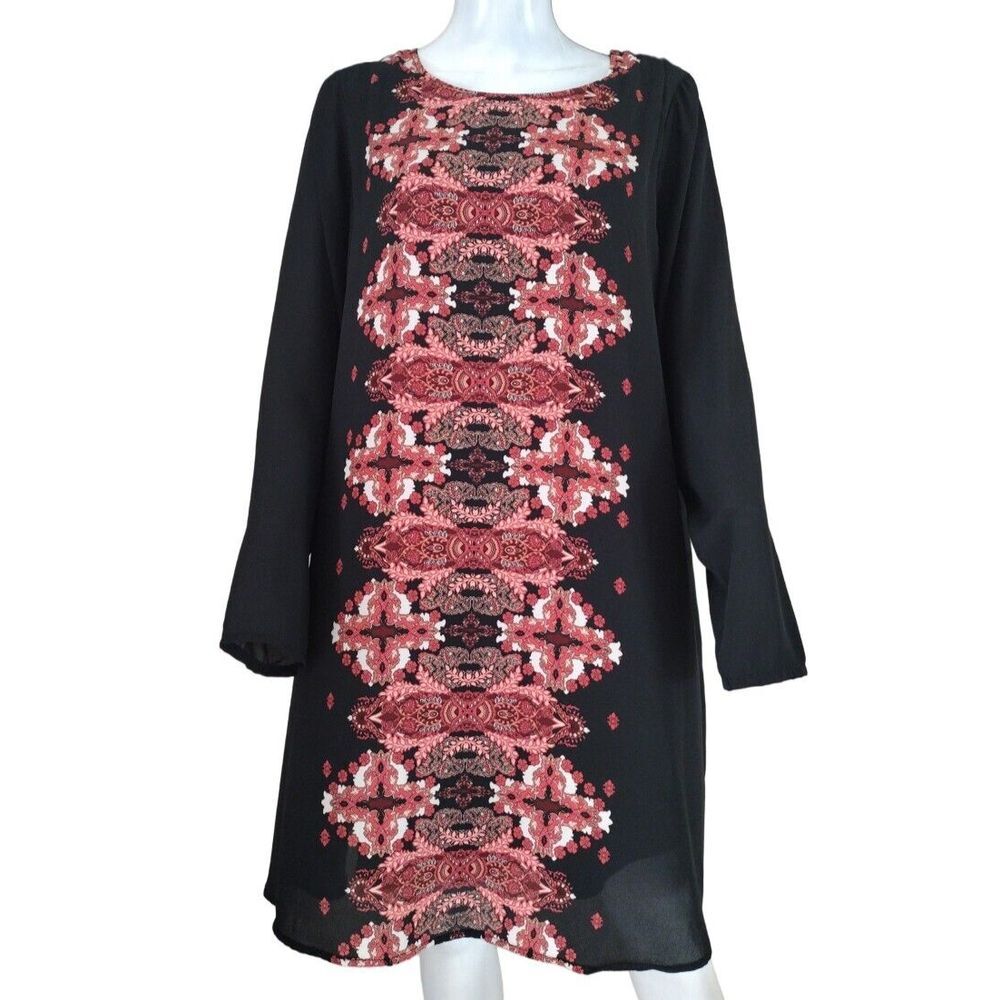Xhilaration Dress Woman XXL Black Floral Chiffon Long Sleeve Boho Midi Casual